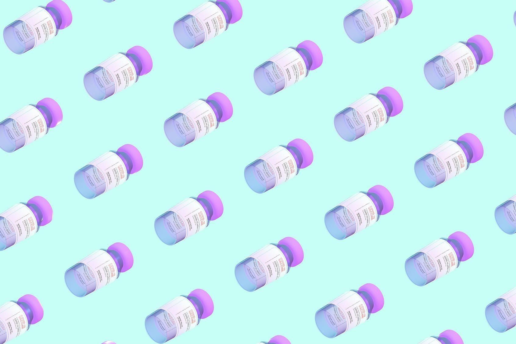 3D rendered vials of COVID vaccine in a grid pattern