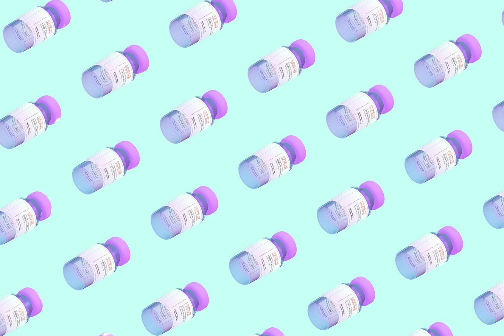3D rendered vials of COVID vaccine in a grid pattern